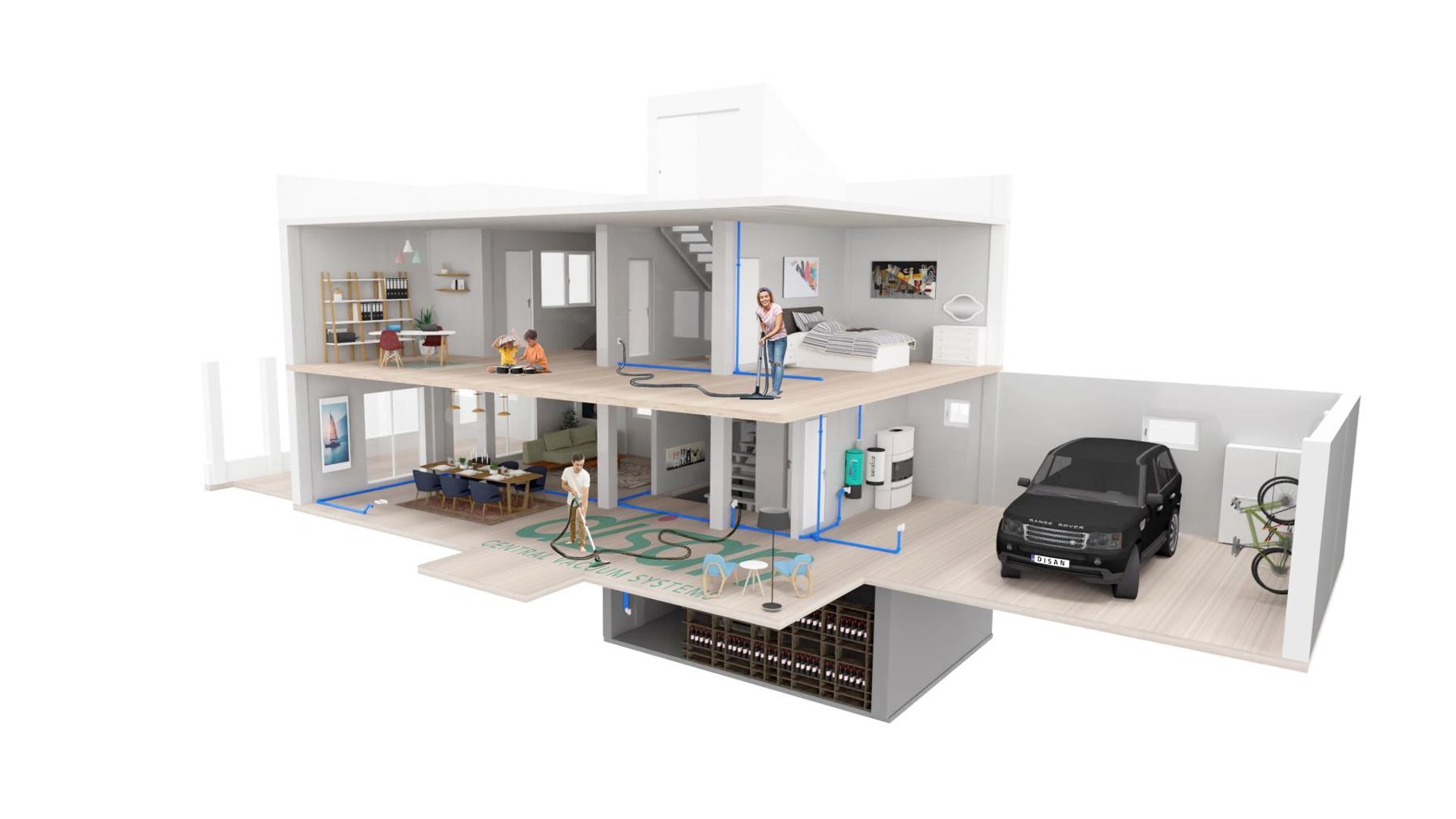 Cutaway of a villa with a DISAN central vacuum system